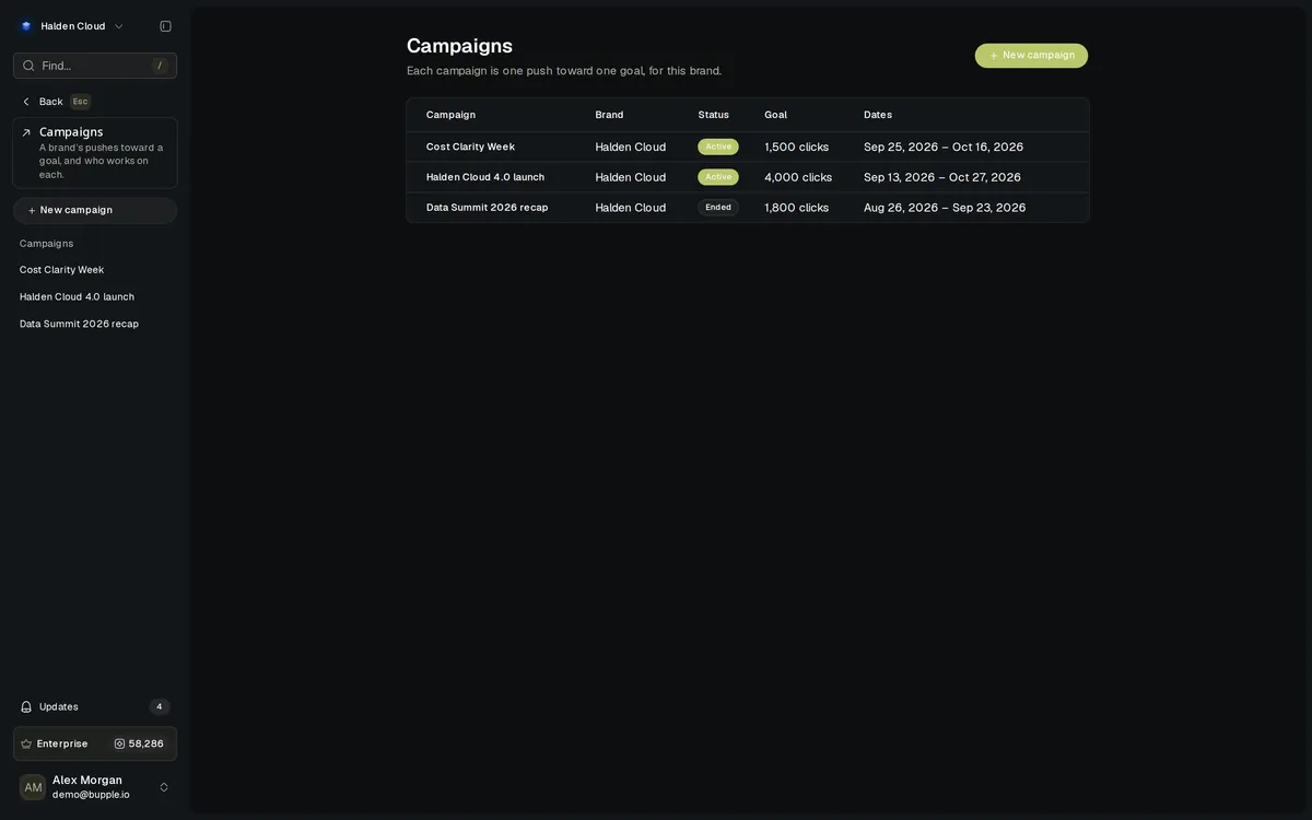 The Campaigns page in Bupple: each campaign with its brand, status, goal and dates.
