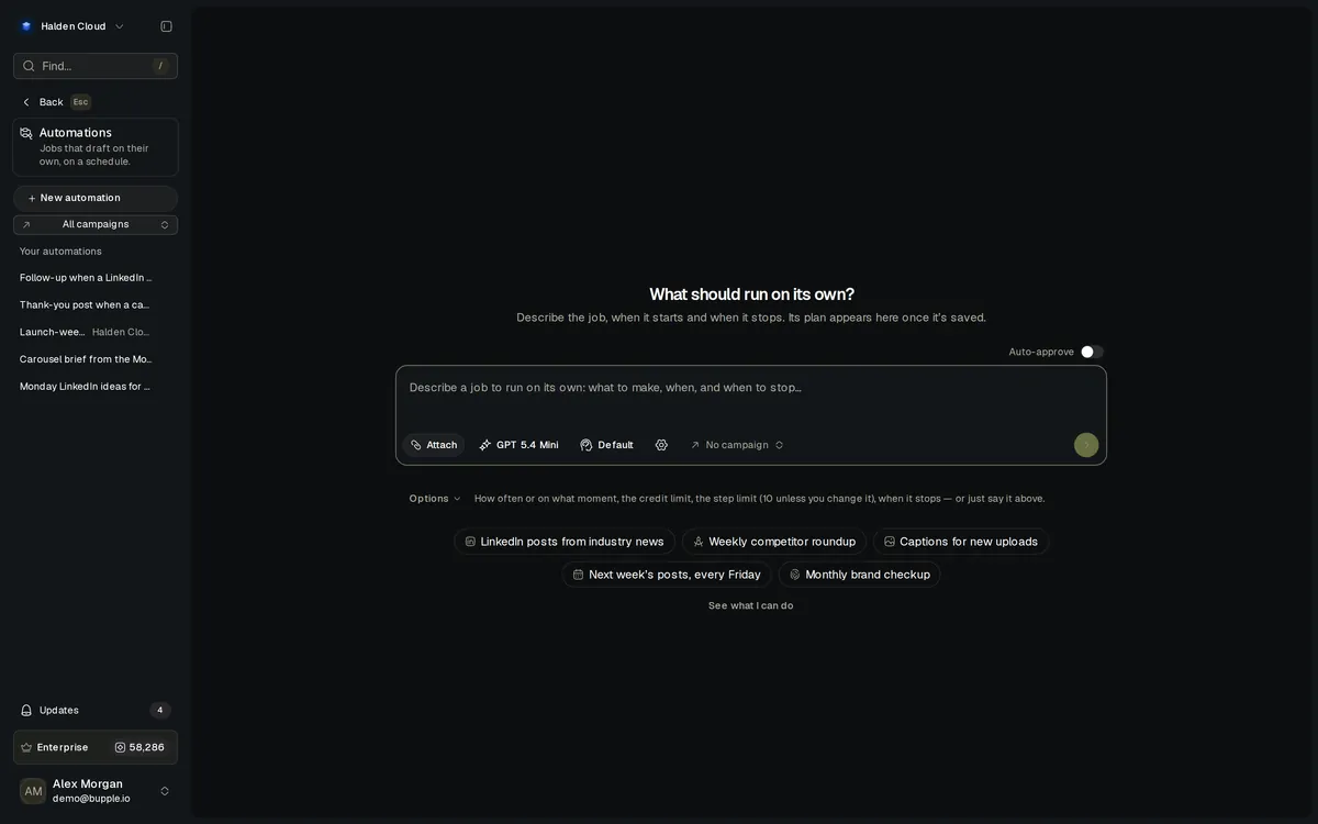 The Automations page in Bupple: describe a job to run on its own, with ideas such as Captions for new uploads and Monthly brand checkup.